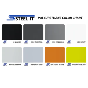 Wzornik kolorów farb poliuretanowych STEEL-IT. Paleta zawiera odcienie: 1012 Black, 1006 Charcoal, 1002 Steel Gray, 1030 White, 1050 Dove Gray, 1051 Light Gray, 1350 Signal Orange oraz 1400 Safety Yellow. Profesjonalne powłoki antykorozyjne z mikropłatkami stali nierdzewnej 316L.