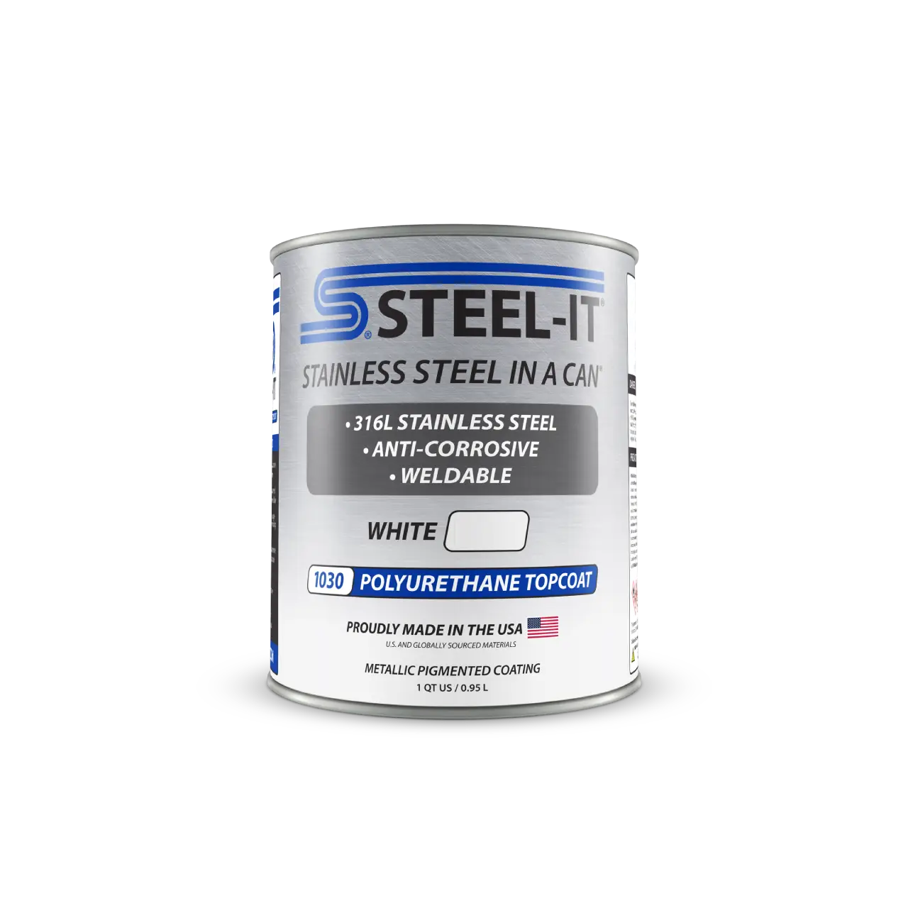 Puszka farby poliuretanowej STEEL-IT 1030Q White (0,95l) – biała powłoka antykorozyjna z mikropłatkami stali nierdzewnej 316L, idealna do przemysłu spożywczego i higienicznego.