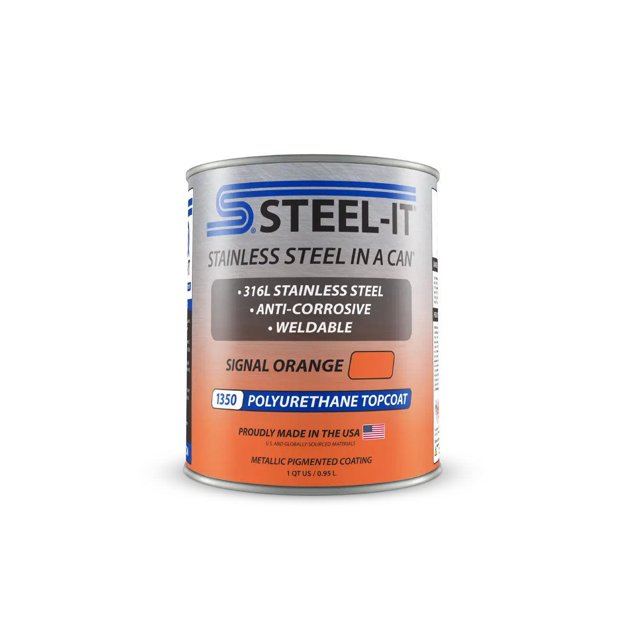 Puszka farby poliuretanowej STEEL-IT 1350Q Signal Orange (0,95l) – pomarańczowa powłoka antykorozyjna z mikropłatkami stali nierdzewnej 316L, dedykowana do oznaczeń BHP i stref niebezpiecznych.