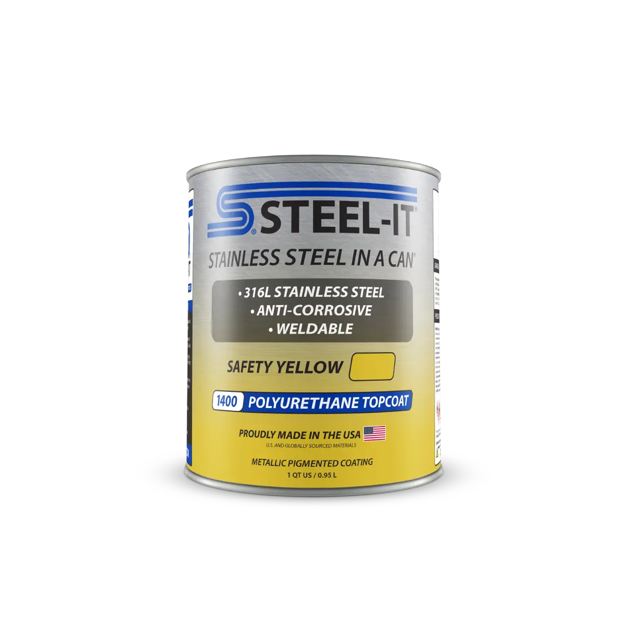 Puszka farby poliuretanowej STEEL-IT 1400Q Safety Yellow (0,95l) – żółta powłoka antykorozyjna z mikropłatkami stali nierdzewnej 316L do zastosowań przemysłowych i BHP